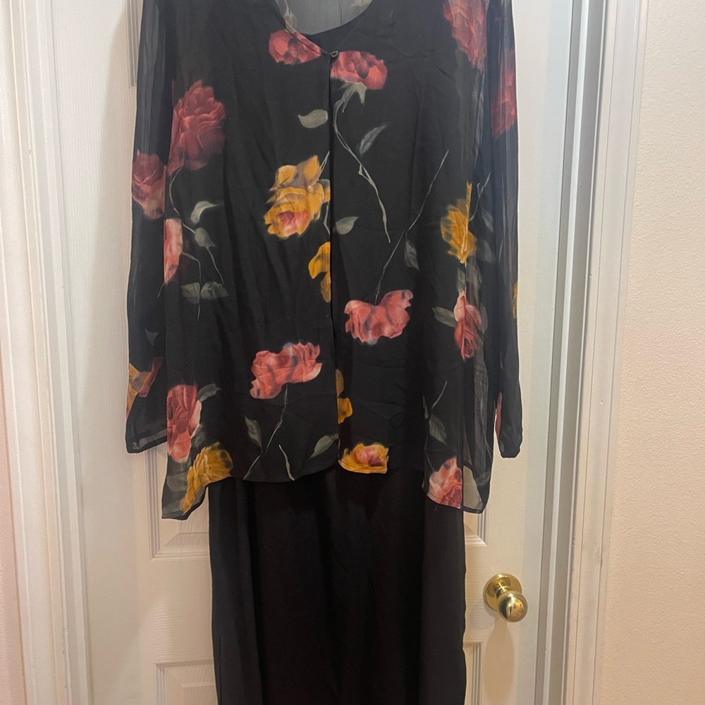 Midnight Velvet Silk Dress with Sheer Floral Jacket